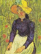 Young Peasant Woman with straw hat sitting in front of a wheat field, Vincent Van Gogh